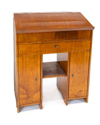 Writing desk, 19th century, cherry wood veneer, frame with drawer, 2 doors, veneer damage 