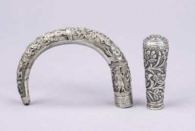 Cane and parasol handle, China, circa 1900, hallmarked silver. 1 with figurative and floral 
