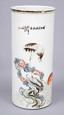 Cylindrical vase, hat stand, China, Republic era. Decorated with a crane on a rock at sunset 