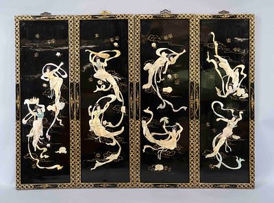 4 lacquer panels, China, 20th century, wood with black lacquer and mother-of-pearl inlays 
