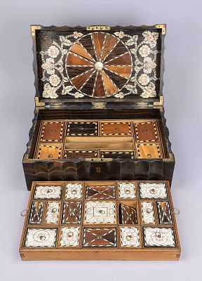 Large sewing box, Anglo-Indian/Ceylon, 19th century, calamander and other hardwoods, bone 
