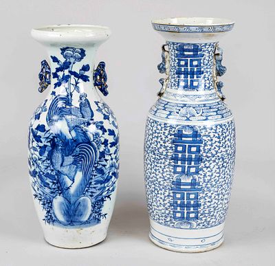 2 large vases, China, 19th/20th century, all-around decorations in cobalt blue, H. up to 61 cm