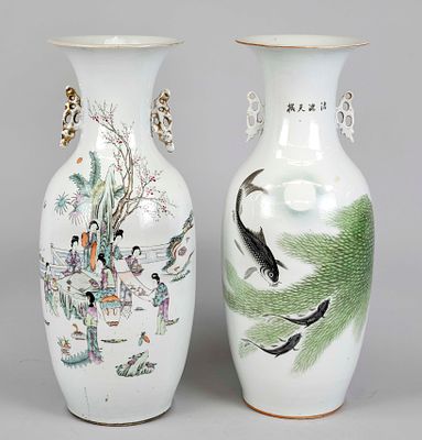 2 large vases, China, 19th/20th century, all-around polychrome and calligraphic decoration 