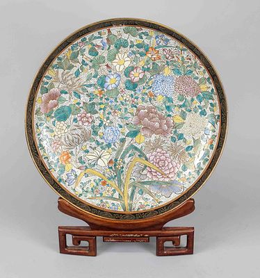 Very large decorative plate, China, 20th century, decorated with chrysanthemums and other 