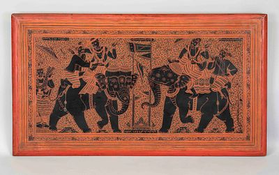 Lacquer painting, Thailand, 20th century, black and red lacquer on wood, rubbed and slightly 