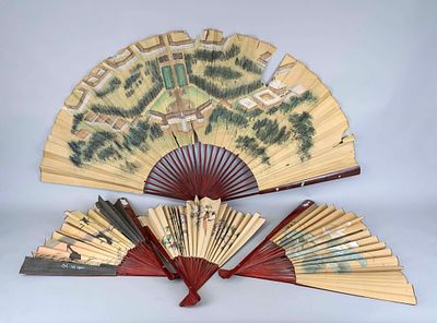 4 very large fans, China, 20th century, bamboo, paper. Various designs in polychrome ink 
