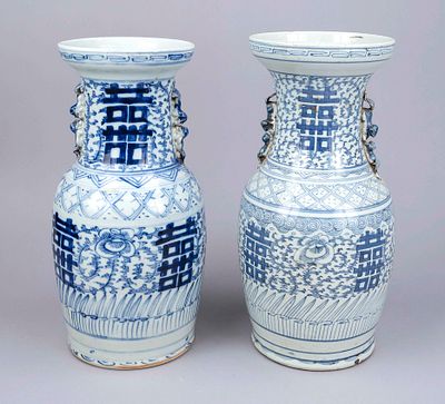 2 large vases, China, 19th/20th century, all-around decorations in cobalt blue, H. up to 43 cm