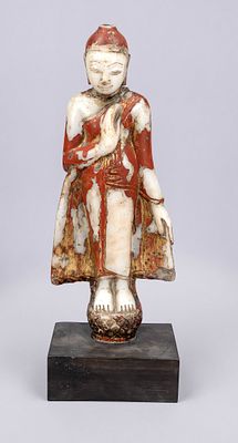 Standing Buddha, Burma/Myanmar, probably 19th century, alabaster with red lacquer and traces of 
