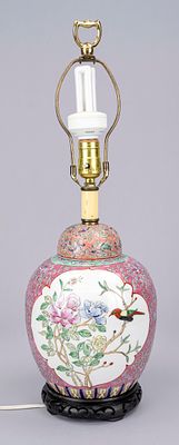 Lamp base, China, 20th century, famille rose lidded jar mounted as a lamp, without shade, H. 59 cm