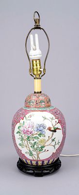 Lamp base, China, 20th century, famille rose lidded jar mounted as a lamp, without shade, H. 59 cm