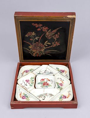 Famille rose sweet meat set in a wooden box, China, probably Republic era. Porcelain set not 