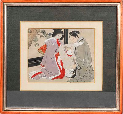 Shunga color woodblock print by Nishikawa Sukenobu, Japan, probably 19th century, framed under 