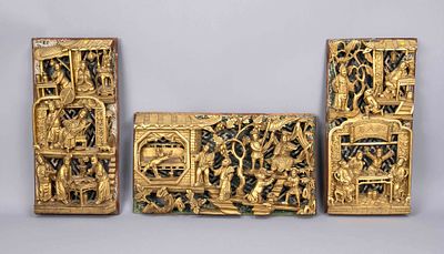 3 carved panels (from furniture), China, 20th century, wood with gold-colored lacquer, gilded 