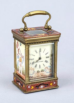 Travel alarm clock made in France, 20th century, top-mounted handle, polychrome cloisonn&eacute; work 