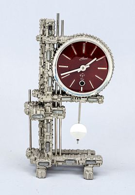Brutalist table clock by “Schmid,” 1970s design, chrome-plated with marcasite inlay, dark red 