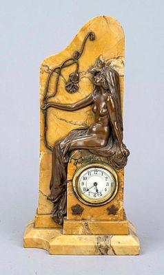 Art Nouveau table clock, Germany, circa 1910, faux marble, bronze depiction of a woman with a 