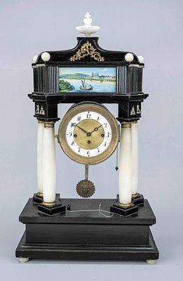 Biedermeier portal clock, circa 1840, probably Austria, ebonized wooden base and crown 