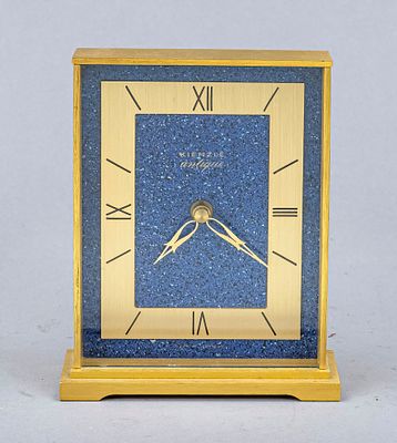 Kienzle table quartz clock, “Antique,” circa 1980, solid gold-plated brass case, blue enamel 
