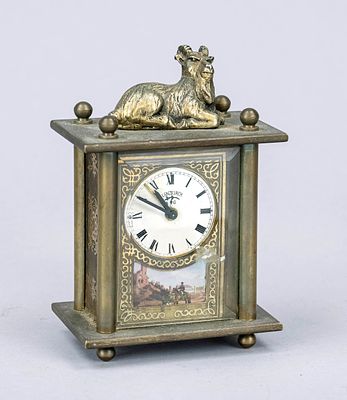 Small table alarm clock, Lenzkirch reproduction, late 20th century, with a white cast goat on 