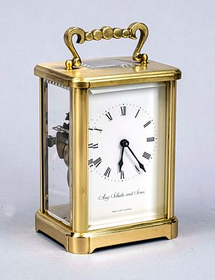 Brass travel clock, Aug. Schatz & Sons, ca. 1980, faceted glass on all sides, white dial with 