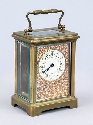 Art Nouveau travel clock, circa 1900, brass case, faceted glass on all sides, top-mounted crown 