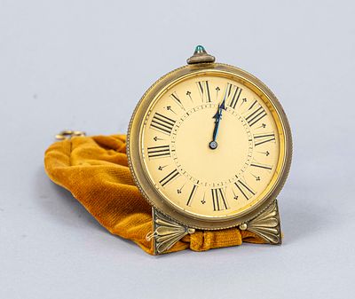 Wall clock in pocket watch form, with velvet wall hanging, circa 1900, gilded case with beading 