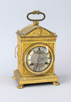 Empire - Travel Alarm Clock, France circa 1800, gilded bronze, top-mounted handle, with a 