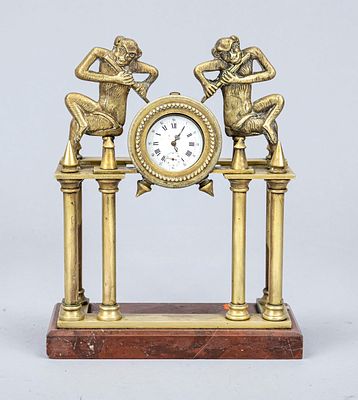 Pocket watch stand, yellow cast metal in a temple-like design with 6 columns on a red marble 