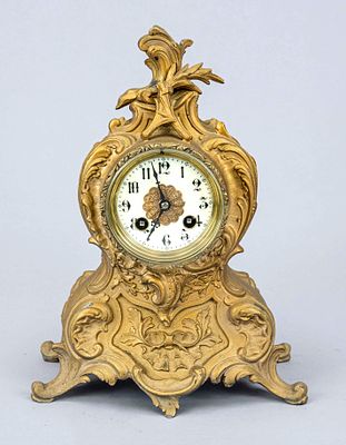 Historicist pendulum clock, France, ca. 1880, gilded white cast metal case in the curvilinear 