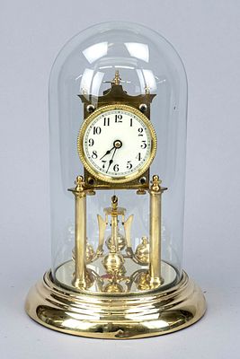 Annual calendar, rotating pendulum clock, under glass dome, circa 1920, gold-plated brass 
