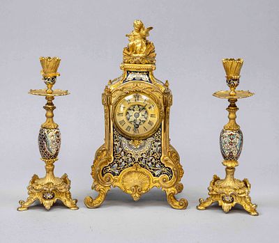 3-part cloisonn&eacute; table clock, 2nd half of the 19th century, decorated on three sides using 