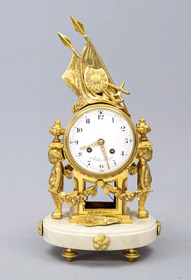 French gilt bronze pendulum clock, 1st half of the 19th century, on a white marble base, 2 