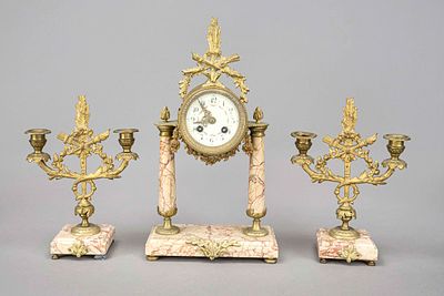 Historicism - clock set, France, ca. 1870, the clock drum suspended between rose-colored 