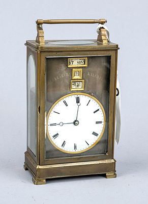 Viennese travel alarm clock circa 1820, brass case, faceted glass on all sides, disc calendar 