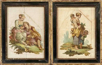 18th-century French artist, two bozzettos with pastoral scenes, oil on canvas mounted on wood 