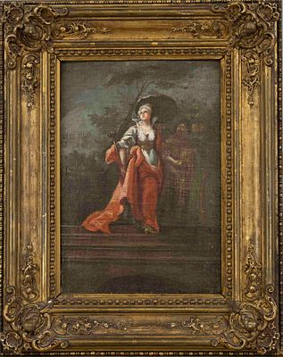 Anonymous Rococo artist, 18th century, crowned lady with an umbrella descending a staircase 