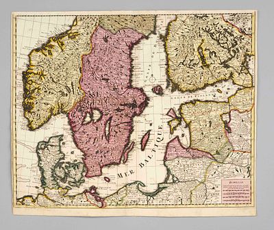 Historical map of Southern Scandinavia -- color copperplate engraving without title or 