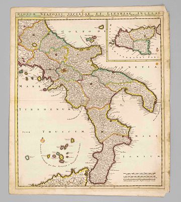 Historical map of Southern Italy -- ''Regnum Neapolis Siciliae et Lipariae Insulae multis locis 