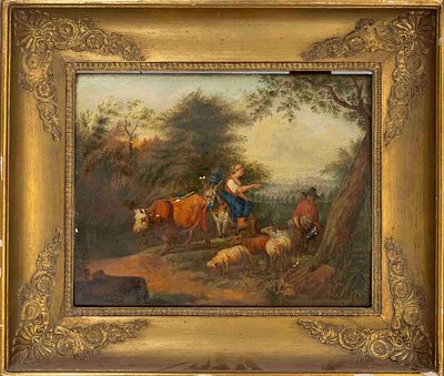 Monogramist WR, 18th century, bucolic scene in a forest landscape, oil on oak, monogrammed 