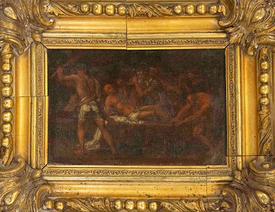 Unknown 17th-century artist, The Flaying of Saint Bartholomew, oil on canvas over cardboard and 
