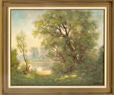 Unknown artist, mid-20th century, summer landscape with two women on the lakeshore, oil on 