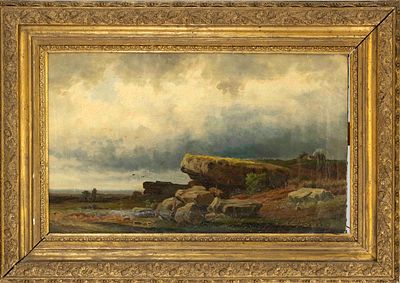 19th-century Russian artist, landscape with dolmen tomb, oil on canvas, indistinctly signed in 