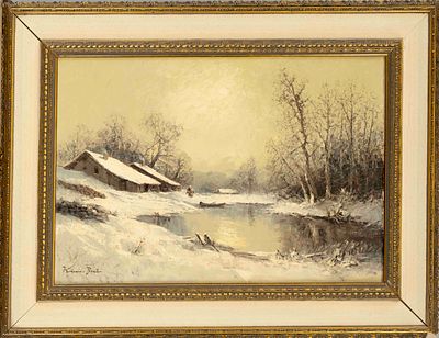 Joe Kr&auml;mer-Braun, 20th-century German painter, “Winter in Poland,” oil on canvas, signed lower 