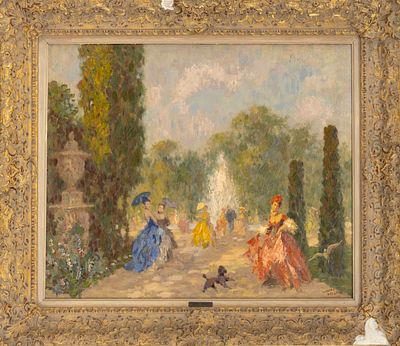 Hanns Pellar (1886–1971), Baroque gathering in the park, oil on hardboard, signed lower right 