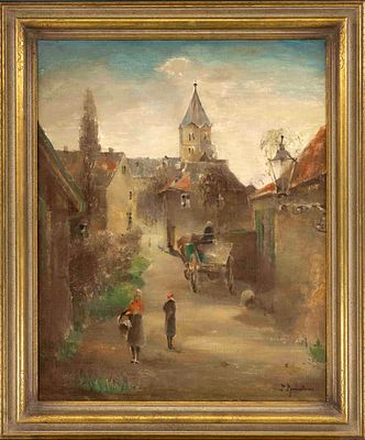 P. B&uuml;cker, D&uuml;sseldorf School of Painting, 1st half of the 20th century, D&uuml;sseldorf Suburb with 