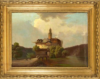 R.P. B&uuml;hl, German painter, mid-19th century, Landscape with a moated castle, oil on canvas 