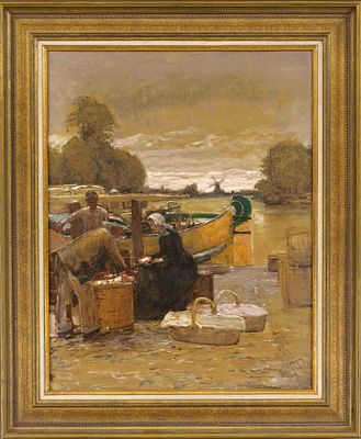 Hans Herrmann (1858–1942), Small Market Stall at the Port of Zwolle, oil on paper mounted on 