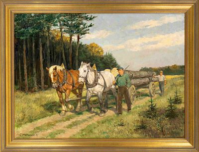 Karl Mummert (1879–1964), D&uuml;sseldorf School of Painting, Horse-drawn Cart and Woodcutter, oil 