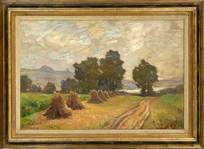 Hermann Lasch (1861–1926), D&uuml;sseldorf landscape painter, summer landscape with haystacks, oil 