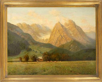 Werner Vogel (1889–1957), D&uuml;sseldorf landscape painter, large Alpine landscape with cows in the 